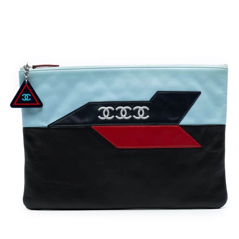 Chanel Large Lambskin Airlines O Case Clutch Black Leather Good condition - Front View