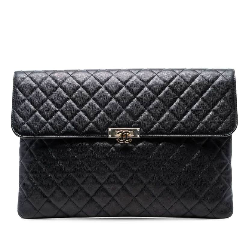 Chanel Large Quilted Caviar Golden Class O Case Clutch Black Leather Good condition - Front View