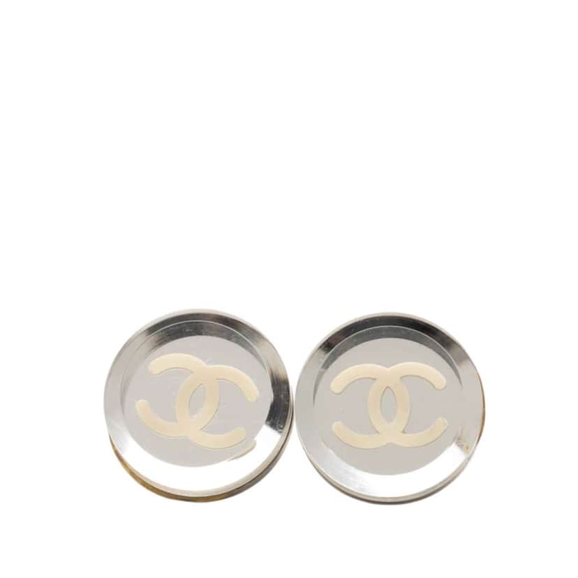 Chanel Resin CC Round Push Back Earrings Silver Good condition - Front View