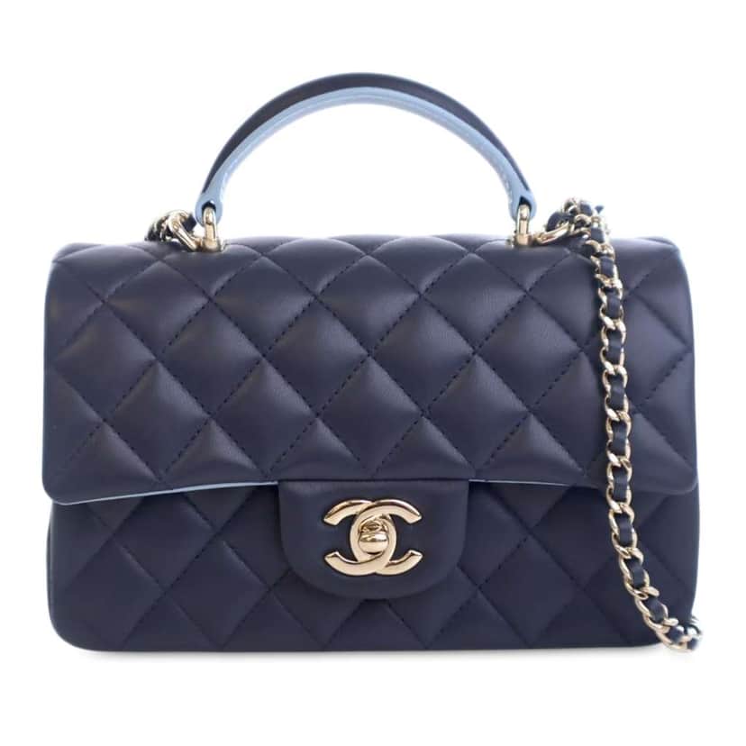 Chanel Mini Rectangular Lambskin Top Handle Flap Blue Leather Good condition - Front View