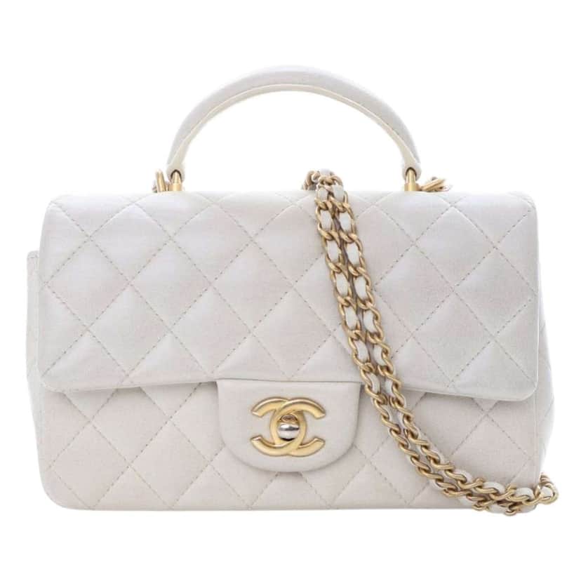 Chanel Mini Rectangular Lambskin Top Handle Flap White Leather Good condition - Front View