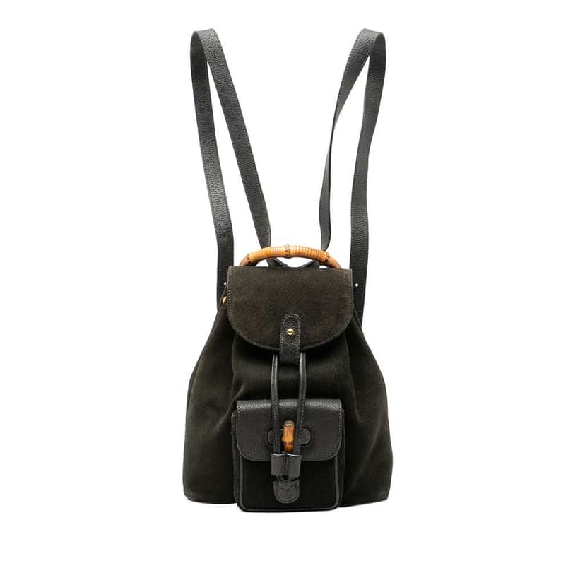 Gucci Suede Bamboo Drawstring Backpack Black Leather Good condition - Front View