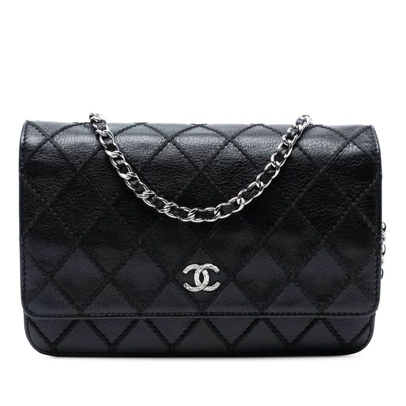 Chanel CC Lambskin Wild Stitch Wallet on Chain Black Leather Good condition - Front View