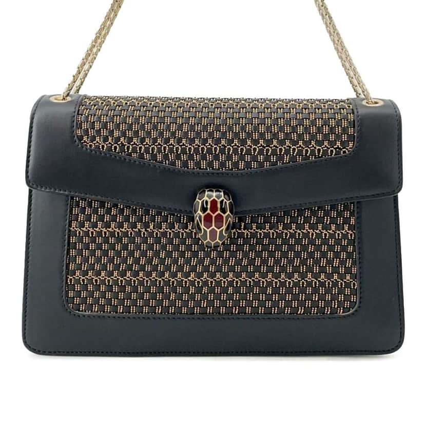 Bvlgari Medium Woven Calfskin Serpenti Forever Shoulder Bag Black Leather Good condition - Front View