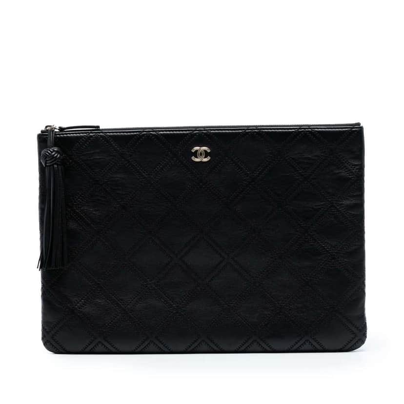 Chanel Large Quilted Lambskin Double Stitch Tassel O Case Clutch Black Leather Good condition - Front View