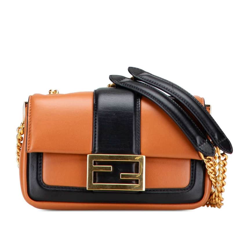 Fendi Mini Bicolor Nappa Apolo Chain Baguette Shoulder Bag Brown Leather Very good condition - Front View