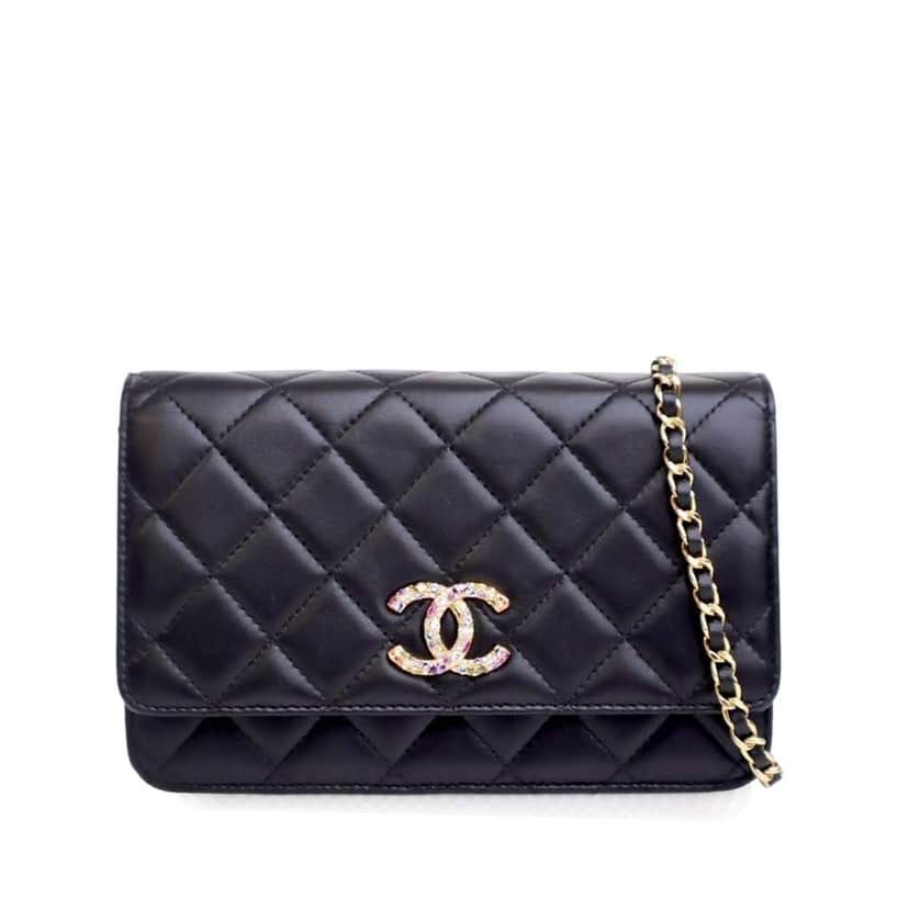 Chanel Quilted Lambskin Crystal CC Wallet On Chain Black Leather Good condition - Front View