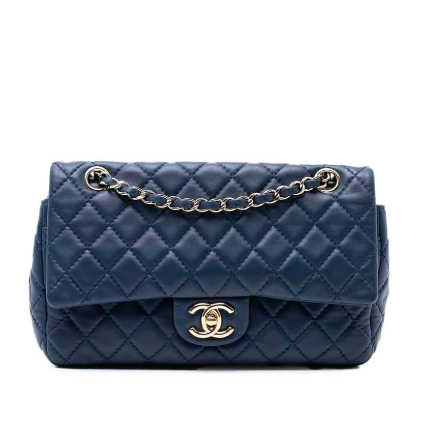 Chanel Medium Classic Lambskin Double Flap Blue Leather Good condition - Front View