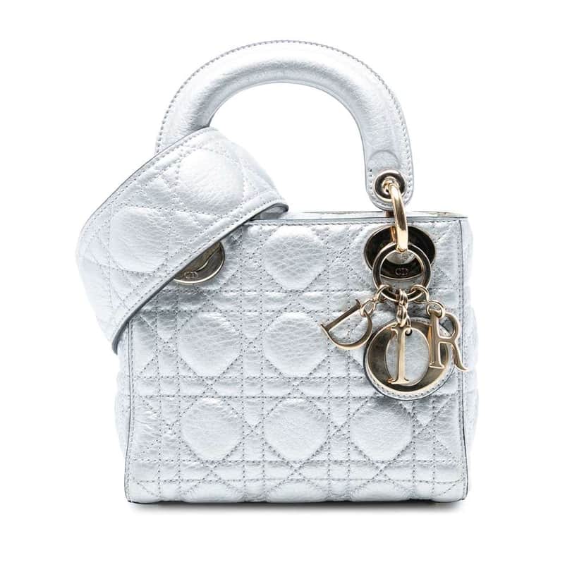Dior Mini Metallic Grained Calfskin Cannage Lady Dior Silver Leather Good condition - Front View