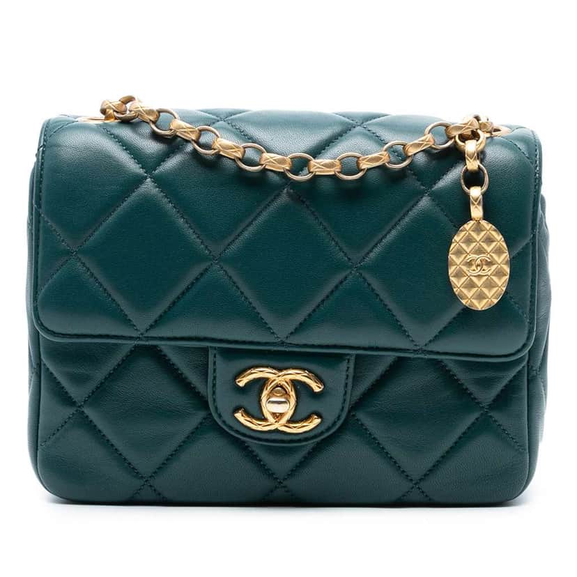 Chanel Mini Square Quilted Lambskin Bijoux Logo Chain Flap Green Leather Good condition - Front View