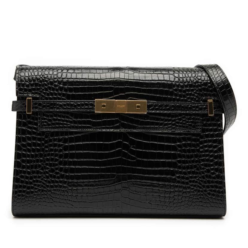 Saint Laurent Medium Shiny Croc Embossed Manhattan Shoulder Bag Black Leather Good condition - Front View