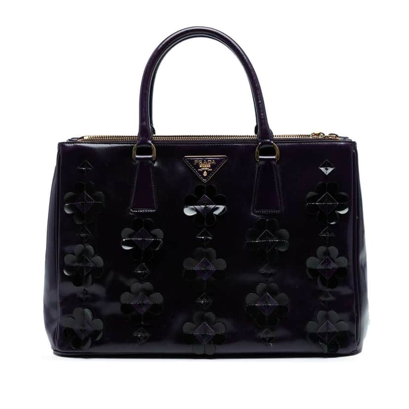 Prada Medium Spazzolato Flowers Galleria Double Zip Satchel Purple Leather Good condition - Front View