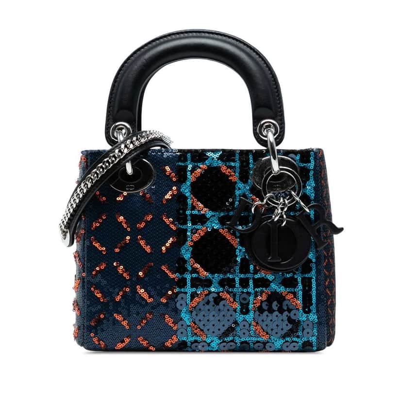 Dior Mini Calfskin Cannage Sequin Lady Dior Blue Leather Good condition - Front View