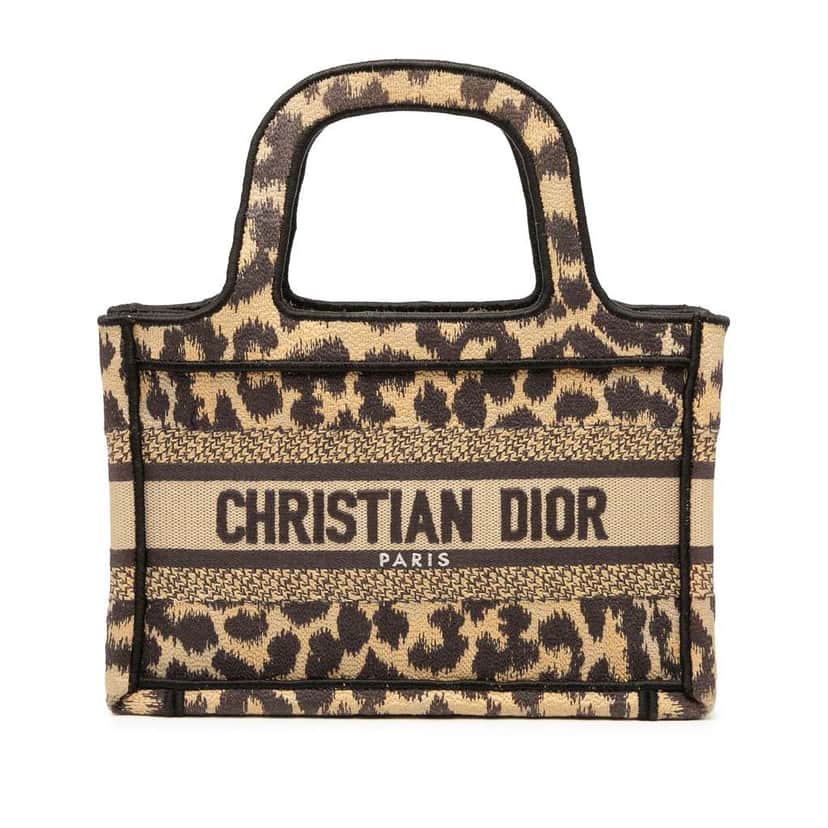 Dior Mizza Mini Embroidered Canvas Leopard Book Tote Brown Canvas Good condition - Front View