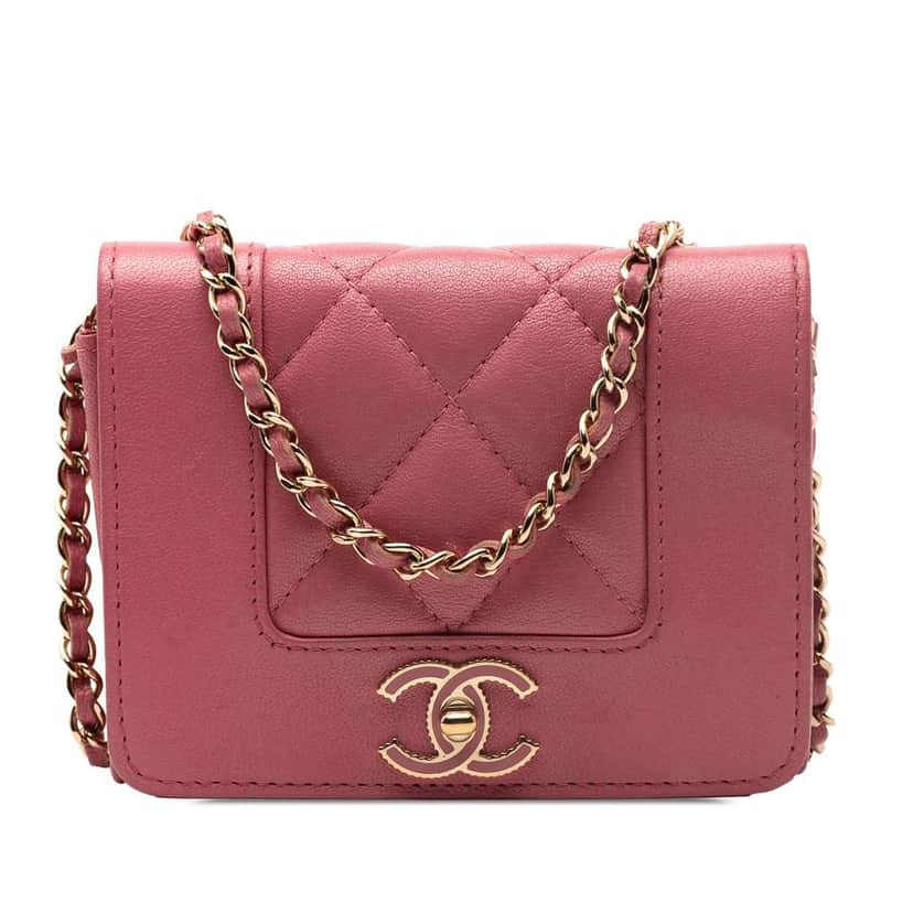 Chanel Quilted Sheepskin Mademoiselle Card Holder on Chain Pink Leather Good condition - Front View