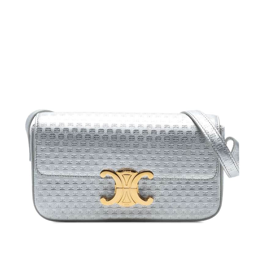 Celine Triomphe All Over Laminated Calfskin Claude Shoulder Bag Silver Leather Very good condition - Front View