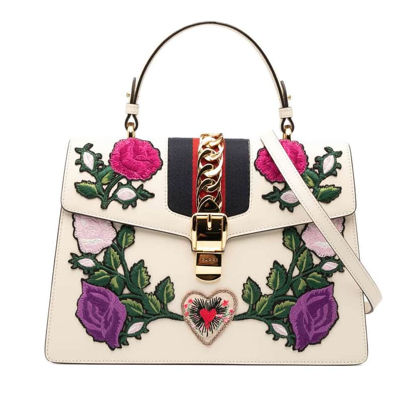 Gucci Medium Floral Embroidered Leather Sylvie Top Handle Bag White Leather Good condition - Front View