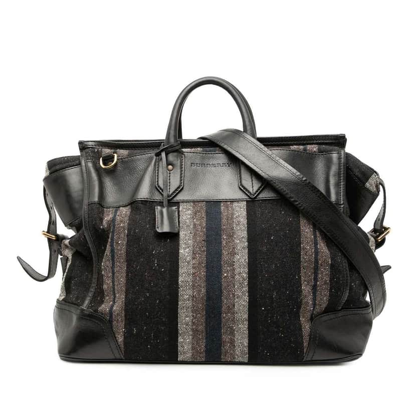 Burberry Leather Trimmed Tweed Striped Weekender Grey Tweed Good condition - Front View