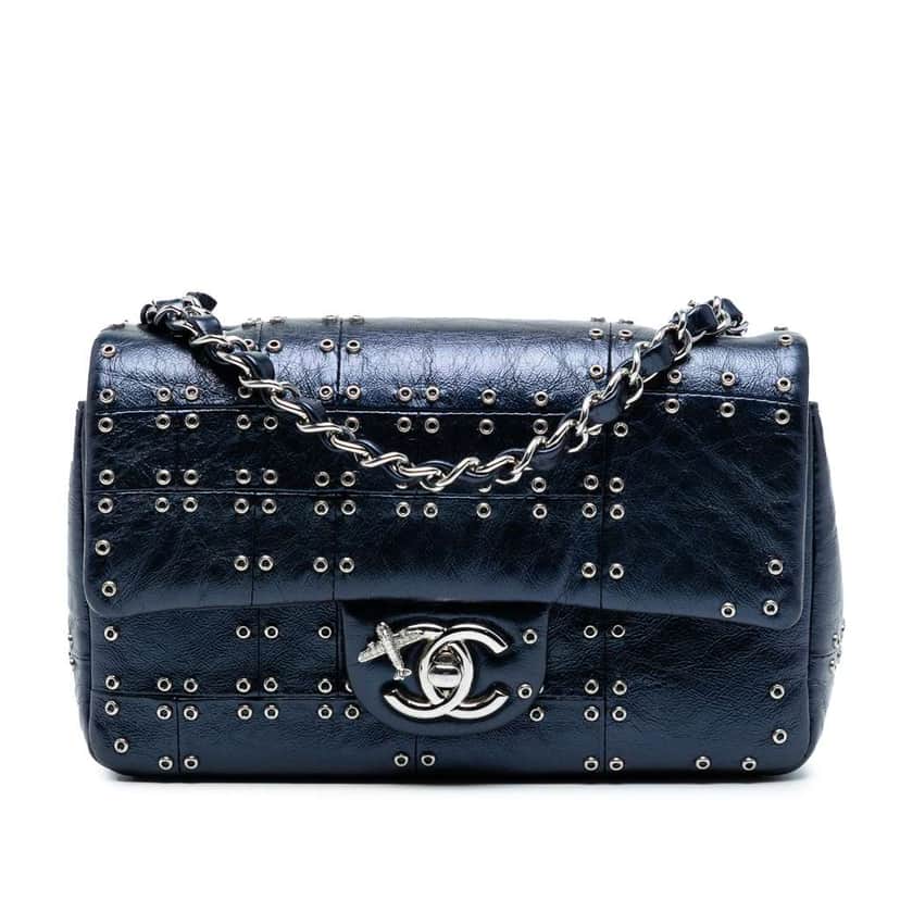 Chanel Mini Rectangular Classic Glazed Calfskin Studded Airlines Single Flap Blue Leather Good condition - Front View