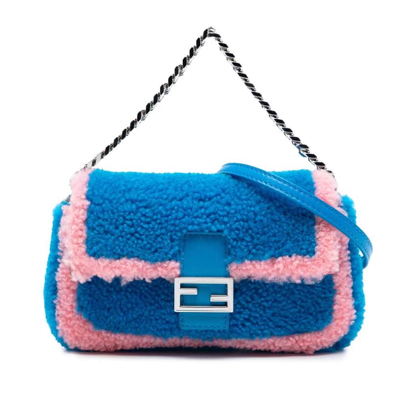 Fendi Micro Bicolor Shearling Baguette Satchel Blue Good condition - Front View