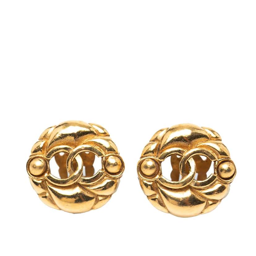Chanel Gold Plated CC Round Clip On Earrings Gold Metal Good condition - Front View