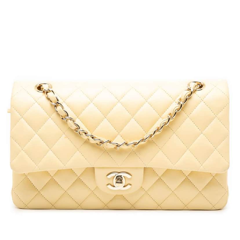 Chanel Medium Classic Lambskin Double Flap Yellow Leather Good condition - Front View