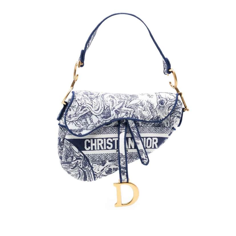 Dior Canvas Embroidered Toile de Jouy Saddle Bag Blue Canvas Good condition - Front View