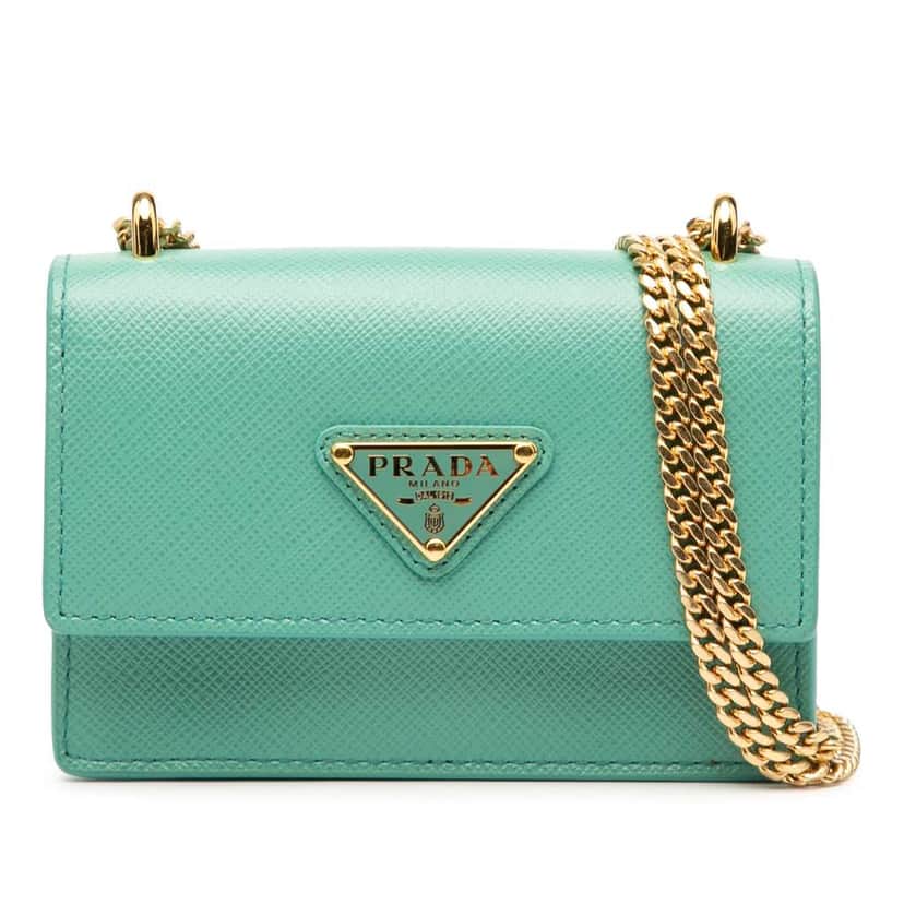 Prada Saffiano Lux Card Holder on Chain Blue Leather Good condition - Front View