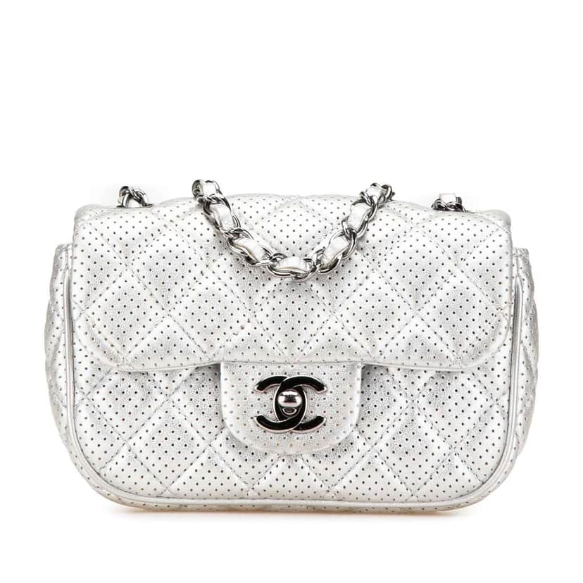 Chanel Mini Perforated Lambskin Punch Flap Silver Leather Very good condition - Front View