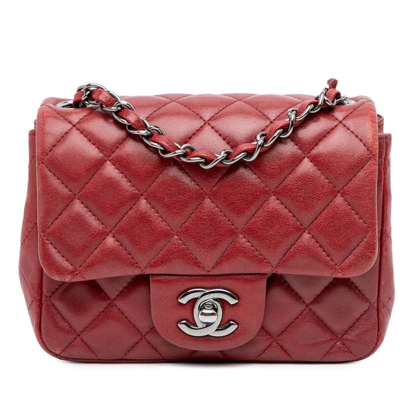 Chanel Mini Square Classic Lambskin Single Flap Red Leather Good condition - Front View
