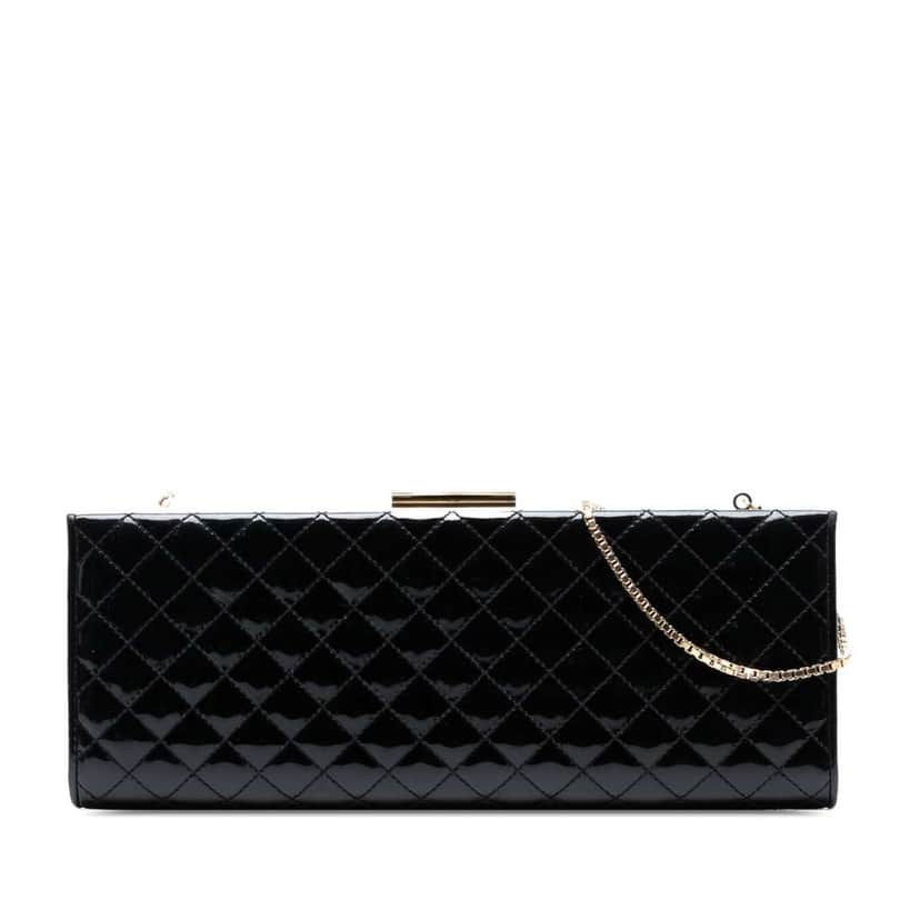 Salvatore Ferragamo Quilted Patent Clutch with Chain Black Leather Good condition - Front View