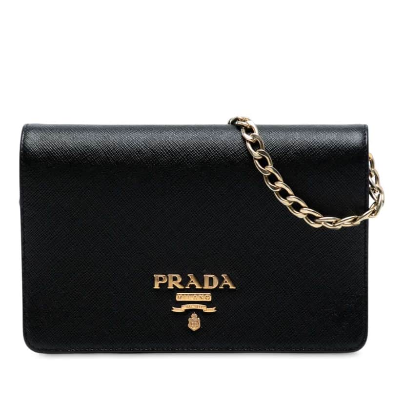 Prada Saffiano Wallet On Chain Black Leather Good condition - Front View