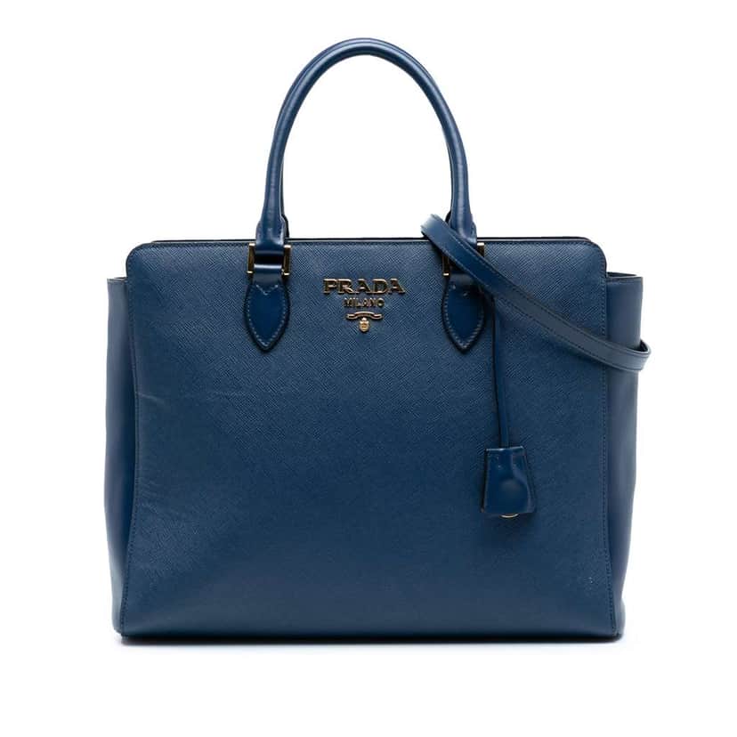 Prada Soft Calf Trimmed Saffiano Zippered Convertible Tote Blue Leather Good condition - Front View