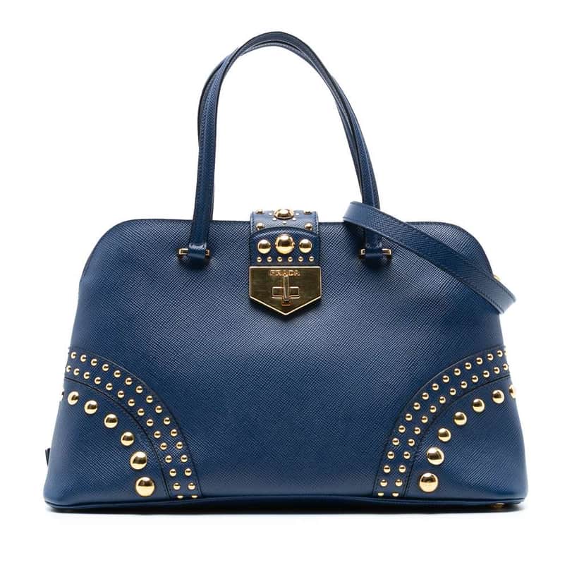 Prada Studded Saffiano Cuir Promenade Satchel Blue Leather Very good condition - Front View