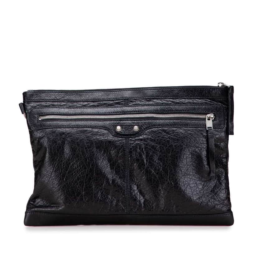 Balenciaga Lambskin Motocross Classic Clip L Clutch Black Leather Good condition - Front View
