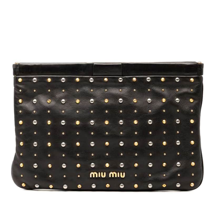 Miu Miu Studded Leather Frame Clutch Black Leather Good condition - Front View