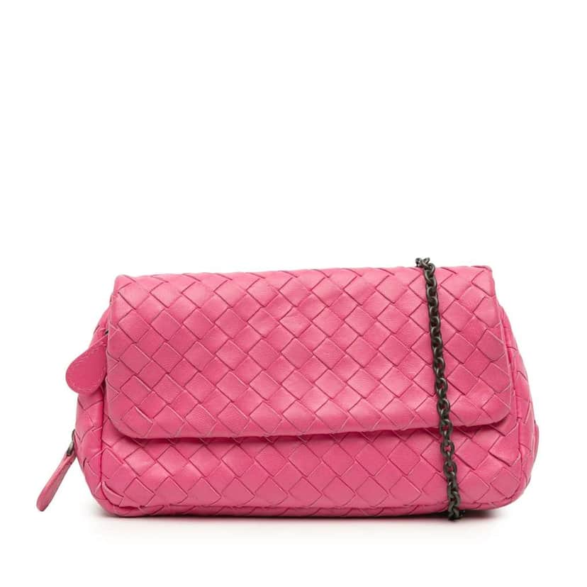 Bottega Veneta Mini Nappa Intrecciato Expandable Chain Flap Crossbody Pink Leather Very good condition - Front View