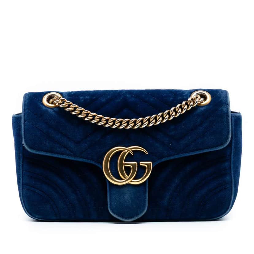 Gucci Medium GG Marmont Matelasse Velvet Shoulder Bag Blue Velvet Good condition - Front View