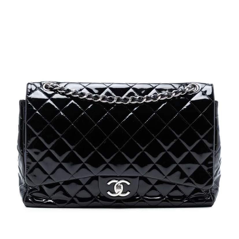 Chanel Maxi Classic Patent Double Flap Black Leather Good condition - Front View