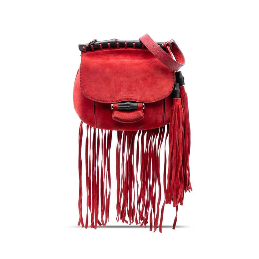 Gucci Small Leather Bamboo Nouveau Fringe Crossbody Red Leather Very good condition - Front View