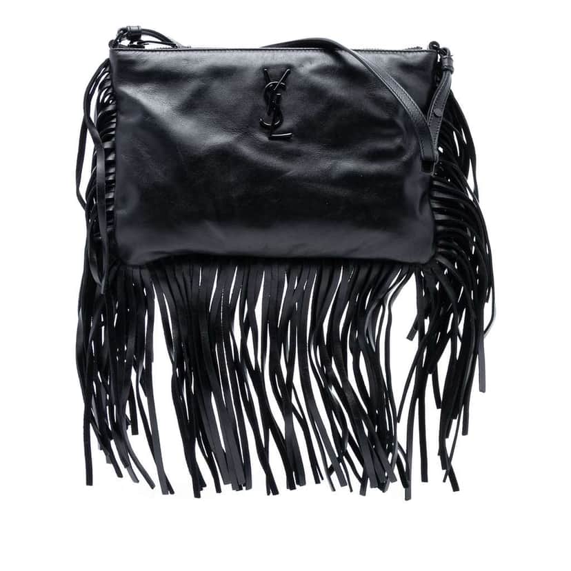 Saint Laurent Calfskin Monogram Fringe Crossbody Black Leather Good condition - Front View