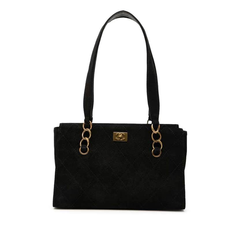 Chanel CC Suede Caviar Stitched Tote Black Leather Good condition - Front View
