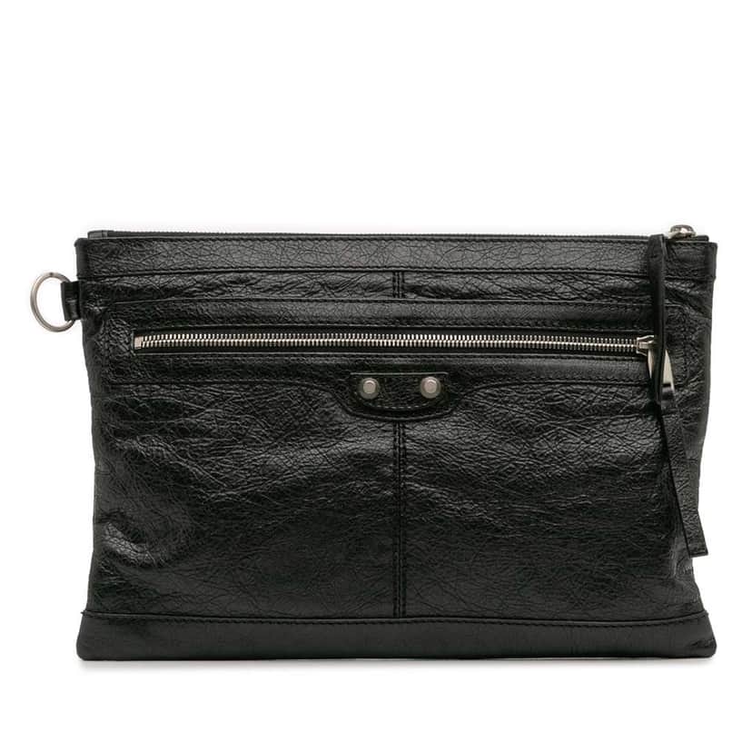 Balenciaga Lambskin Motocross Classic Clip M Clutch Black Leather Good condition - Front View