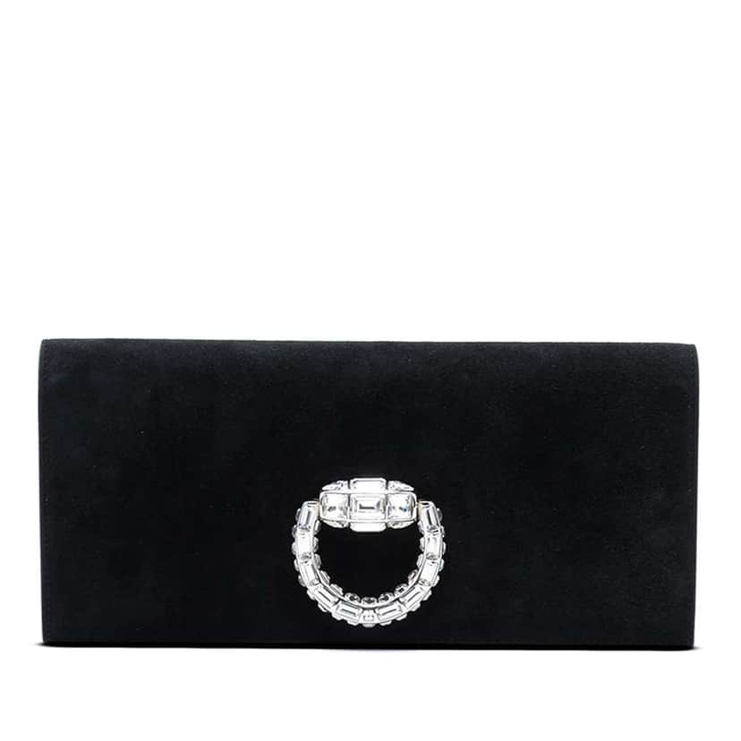 Gucci Suede Broadway Crystal Clutch Black Leather Good condition - Front View