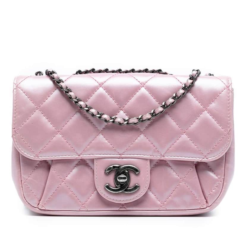 Chanel Mini Quilted Metallic Calfskin Coco Pleats Chain Flap Pink Leather Good condition - Front View