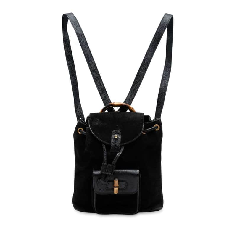 Gucci Suede Bamboo Backpack Black Leather Good condition - Front View