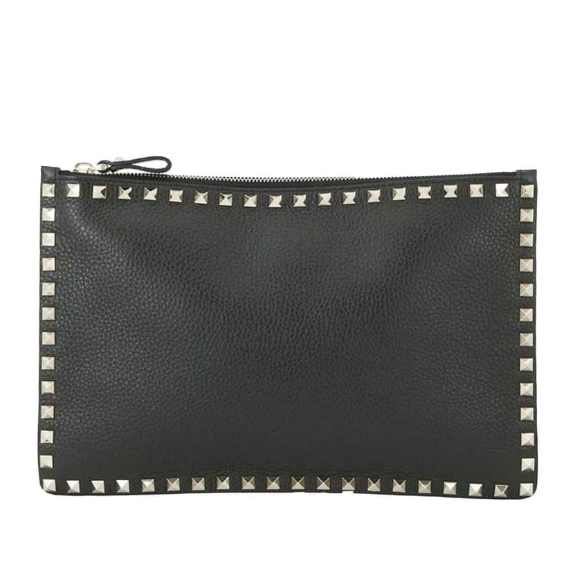 Valentino Grained Calfskin Rockstud Clutch Black Leather Good condition - Front View