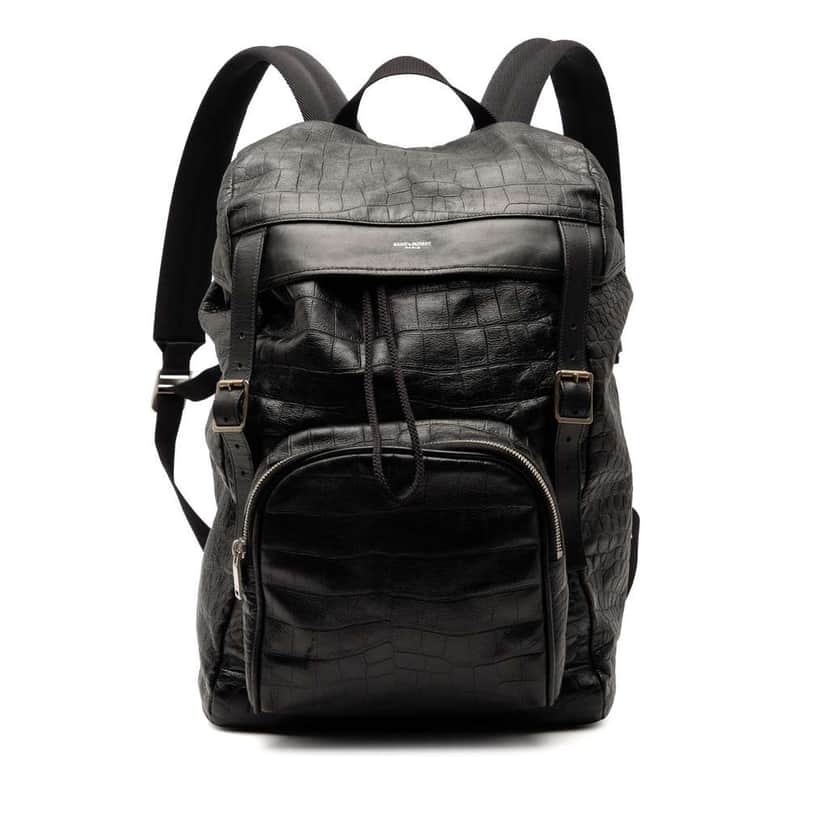Saint Laurent Croc Embossed Leather Backpack Black Leather Good condition - Front View