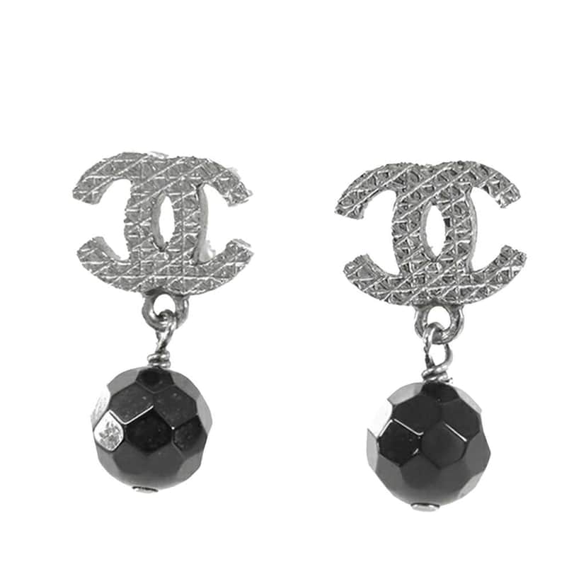 Chanel CC Silver Plated Bead Drop Push Back Earrings Silver Metal Good condition - Front View