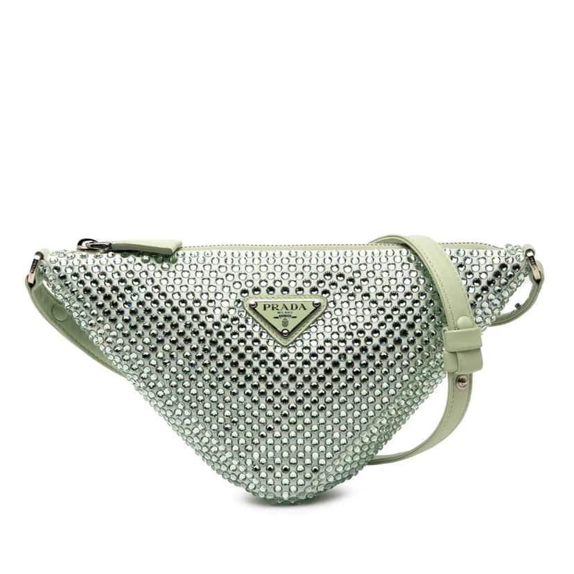 Prada Satin Crystal Embellished Triangle Pouch Green Satin Very good condition - Front View